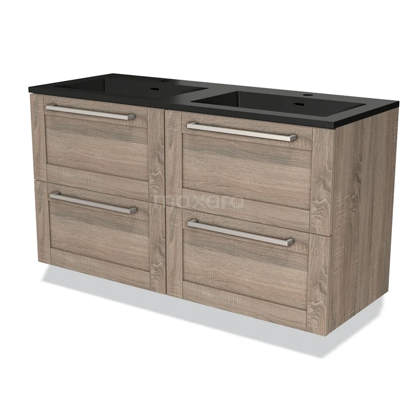 Modulo Bathroom furniture with sink | 120 cm Oak Bordered front Quartz 4 drawers BMW18-00899 Wooden bathroom unit with four drawers, black basin worktop and modern handles, ideal for stylish bathroom design.