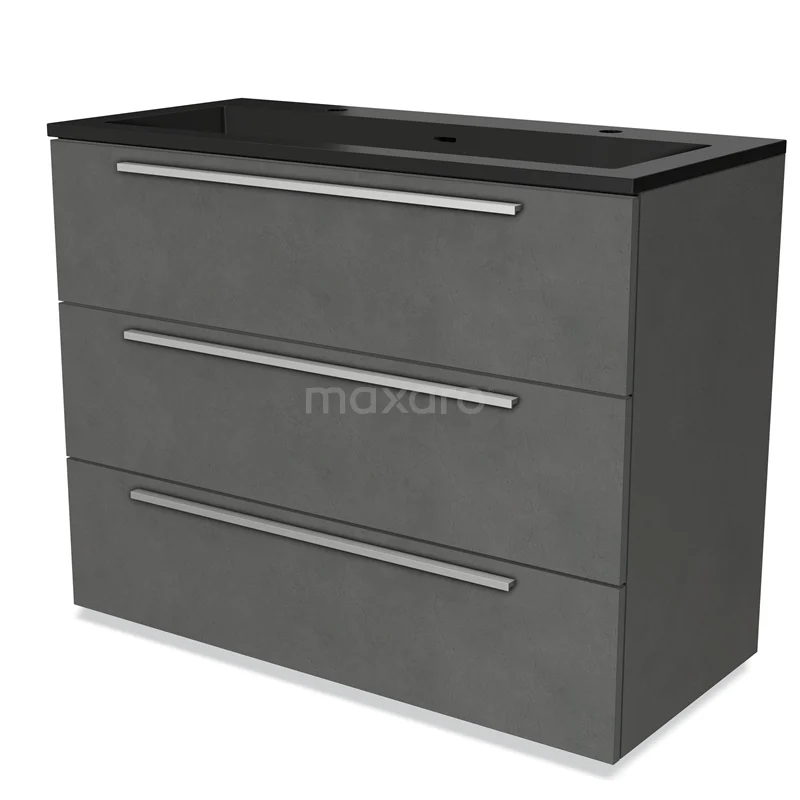 Grijze badmeubelset met betonlook, drie lades en zwart wastafelblad, ideaal voor moderne badkameropslag.