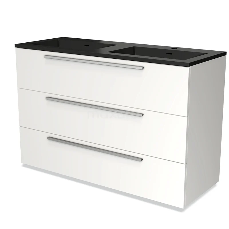 White bathroom cabinet with three drawers, black double basin worktop, sleek design, ideal for modern bathroom spaces.
