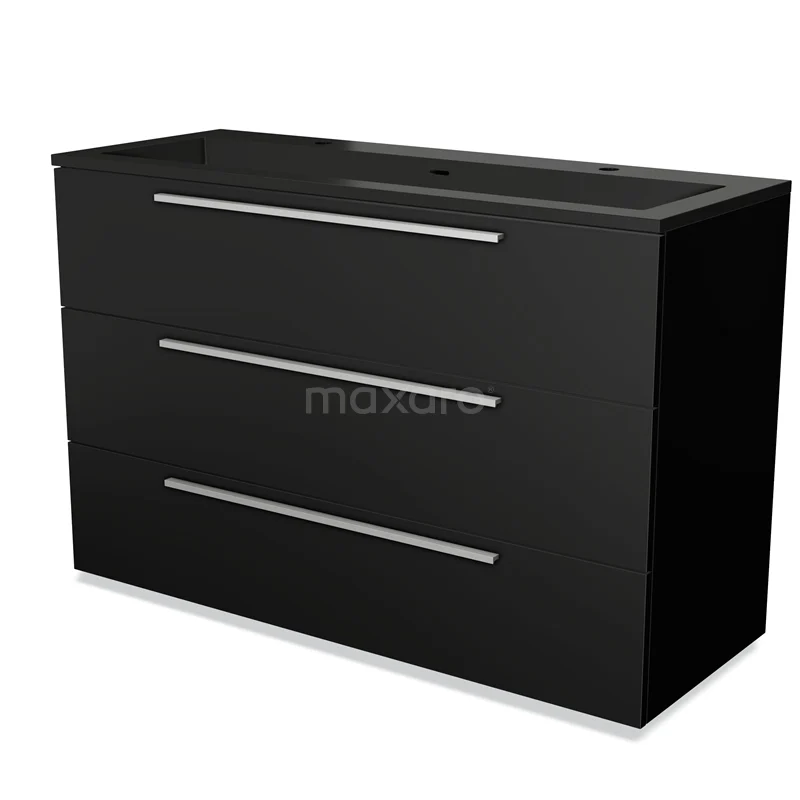 Black vanity unit with matte finish, three drawers and sleek design, ideal for modern bathroom fittings.