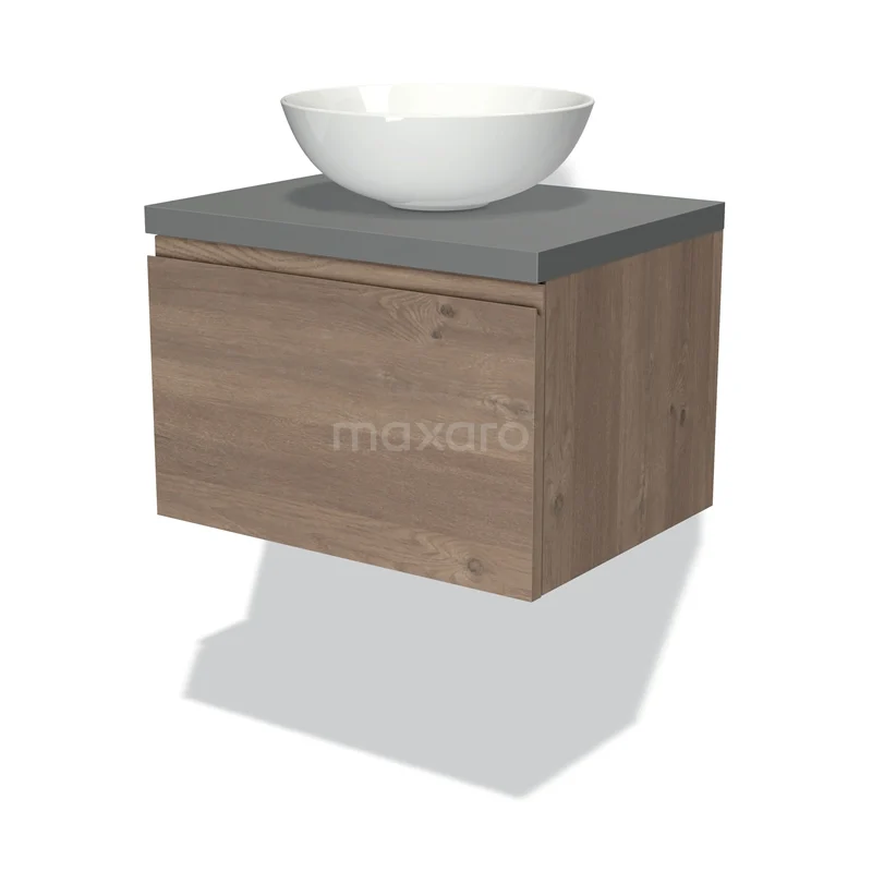 Modulo Plato Vanity units for countertop basin | 60 cm Mid brown oak Handle-less front Mid grey worktop 1 drawer BMK11-01808