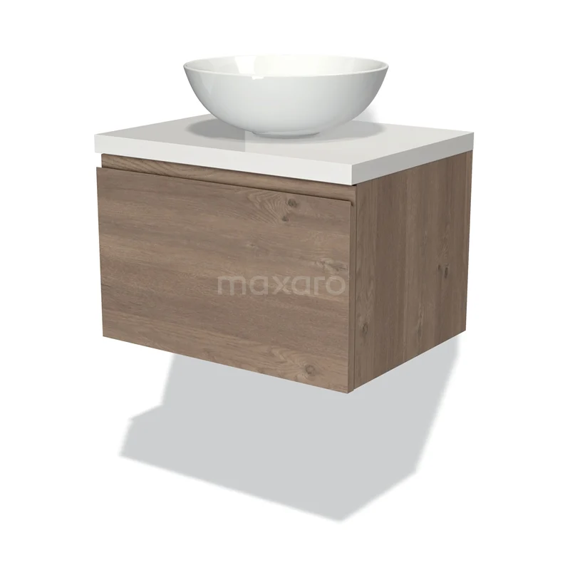 Modulo Plato Vanity units for countertop basin | 60 cm Mid brown oak Handle-less front High-gloss white worktop 1 drawer BMK11-01809