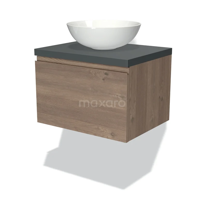 Badmöbel für Aufsatzwaschbecken 60cm Modulo Plato mittelbraune Eiche 1 Schublade grifflos Dunkelgrau Platte BMK11-01811 Waschtisch Holzoptik, hängendes Design mit anthrazit Platte und weißem Keramikaufsatzbecken, ideal für moderne Bäder.