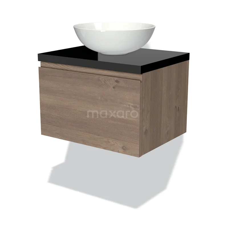 Badmöbel für Aufsatzwaschbecken 60cm Modulo Plato mittelbraune Eiche 1 Schublade grifflos Hochglanz Schwarz Platte BMK11-01812 Holz Badezimmermöbel mit Schwarz Hochglanz Waschtischplatte und runder weißer Aufsatzschüssel, modernes und raumübergreifendes Design.