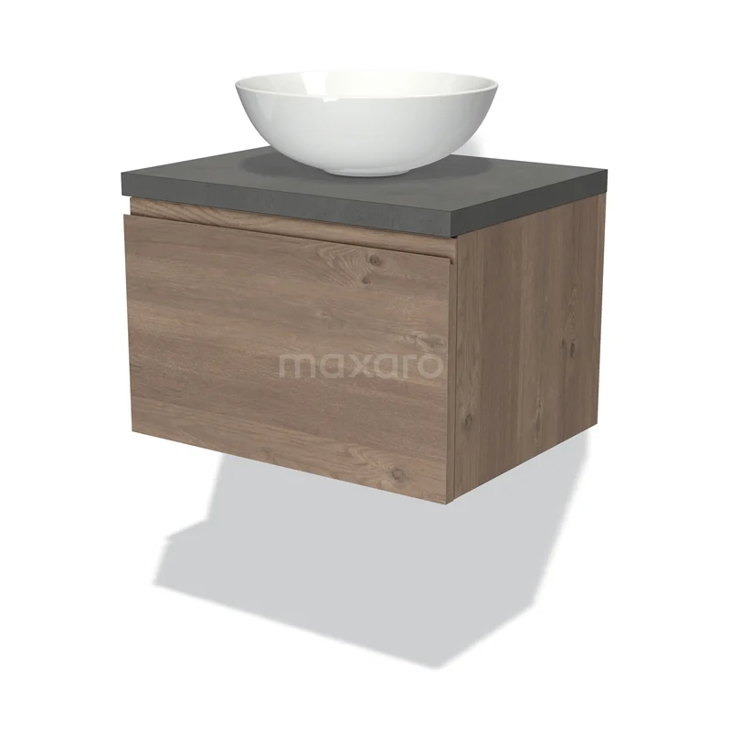 Badmöbel für Aufsatzwaschbecken 60cm Modulo Plato Mittelbraune Eiche 1 Schublade Grifflos Dunkelgrauer Beton Platte BMK11-01820 Holz-Badmöbel mit Betonlook Platte, weißer runder Aufsatzwaschbecken, Wandmontage, kompaktes Design für moderne Bäder.