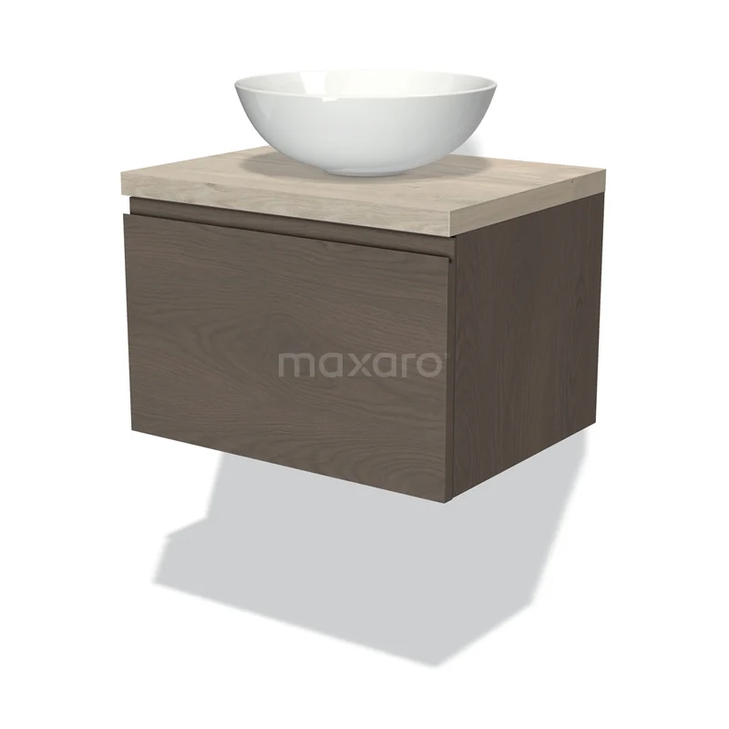 Modulo Plato Badmöbel mit Aufsatzwaschbecken | 60 cm Dunkelbraune Eiche Grifflos front Hellgraue Eiche blatt 1 Schublade BMK11-01828 Holz-Badmöbel mit einer marmorierten Platte und einem weißen Aufsatzwaschbecken, perfekt für einen modernen Badezimmerstil.