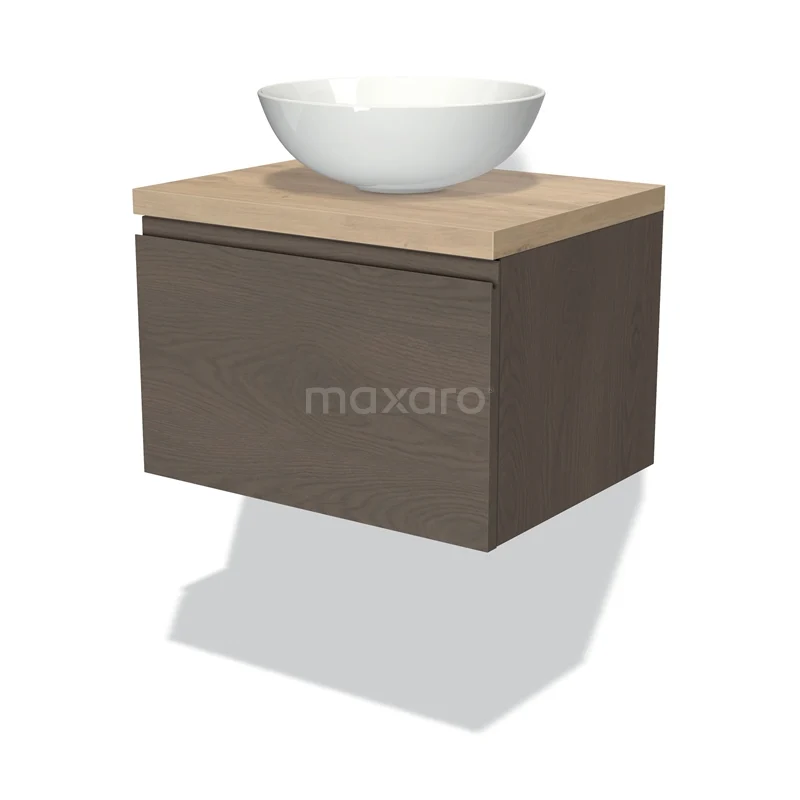 Modulo Plato Badmöbel mit Aufsatzwaschbecken | 60 cm Dunkelbraune Eiche Grifflos front Hellbraune Eiche blatt 1 Schublade BMK11-01829 Wandhängendes Badezimmermöbel mit Holzoptik, Eichen Platte und weißem rundem Aufsatzwaschbecken, modernes Design für ein stilvolles Badezimmer.