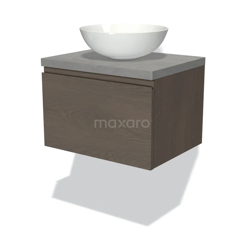 Modulo Plato Vanity units for countertop basin | 60 cm Dark brown oak Handle-less front Light grey concrete worktop 1 drawer BMK11-01833