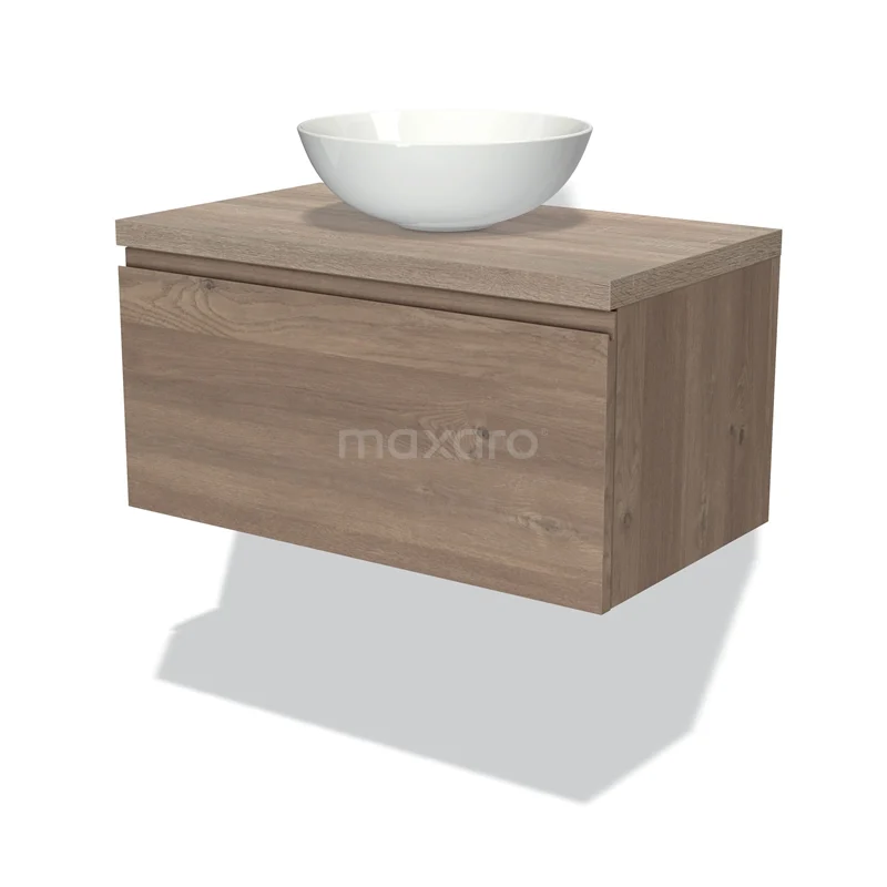 Badmöbel für Waschtischunterschrank mit Konsole 80cm Modulo Plato mittelbraune Eiche 1 Schublade grifflose Platte aus Eiche BMK11-01855 Holz-Badmöbel mit Waschbecken, Natur-Eiche-Oberfläche, modernes Design und Wandmontage für ein stilvolles Badezimmer.