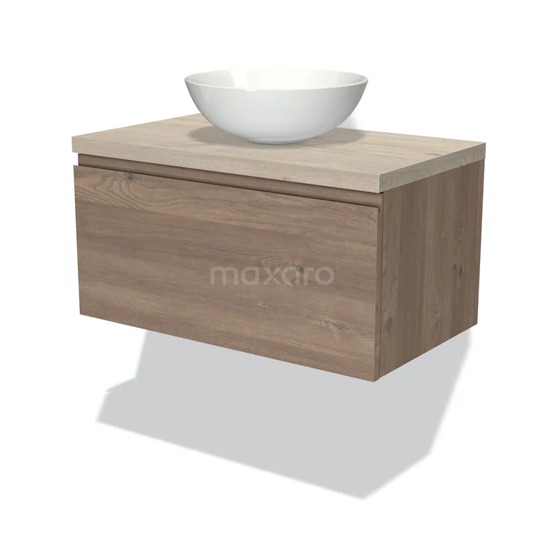 Badmöbel für Aufsatzwaschbecken 80cm Modulo Plato mittelbraune Eiche 1 Schublade grifflos hellgraue Eiche Platte BMK11-01856 Holz-Badmöbel mit hängendem Design, einschließlich weißem Aufsatzwaschbecken, ideal für eine moderne und stilvolle Badezimmergestaltung.