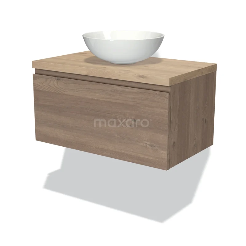 Badmöbel für Waschtischunterschrank mit Konsole 80cm Modulo Plato mittelbraune Eiche 1 Schublade grifflos hellbraune Eiche Platte BMK11-01857 Holz-Waschbeckenunterschrank mit Aufsatzwaschbecken, hängendes Design in Eichenoptik, perfekt für eine moderne Badezimmergestaltung.