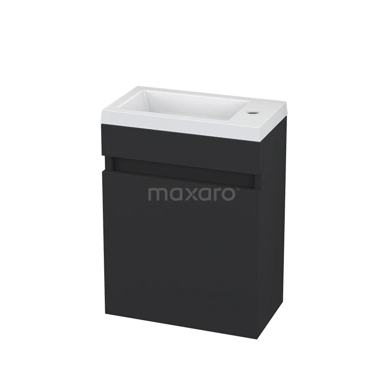 Black bathroom unit with integrated basin worktop, compact design, ideal for small spaces, modern and stylish.