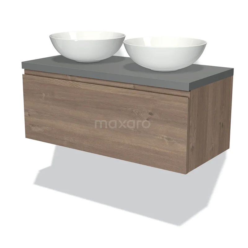 Houten badkamermeubel met dubbel wastafelblad in grijs steen en witte waskommen, modern design voor luxe badkamers.