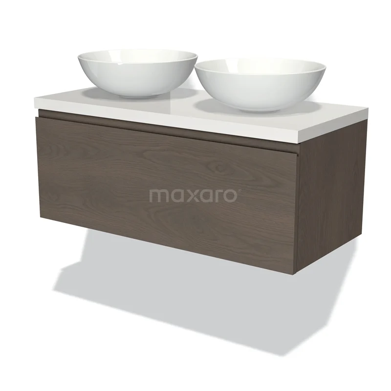 Badmöbel für Aufsatzwaschbecken 100cm Modulo Plato dunkelbraune Eiche 1 Schublade grifflos Hochglanz Weiß Platte BMK11-01907 Holz schwebende Badmöbel mit weißem Doppelwaschbecken, modernes Design und Soft-Close-Schublade für stilvolle Badezimmerlagerung.