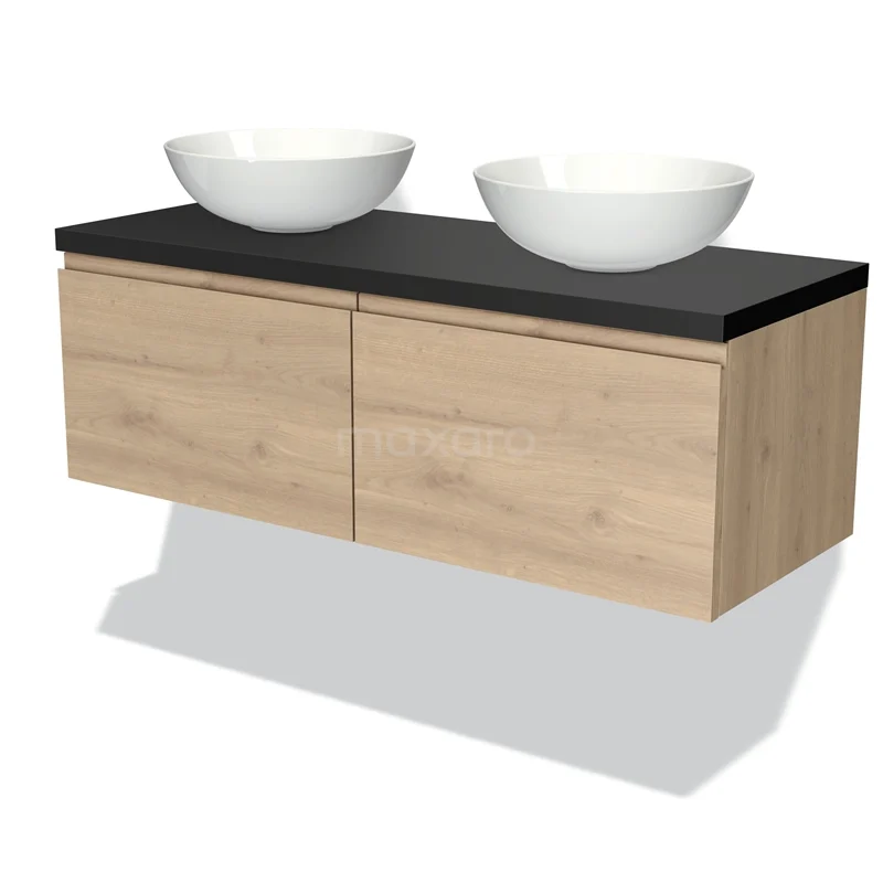 Modulo Plato Vanity units for countertop basin | 120 cm Light brown oak Handle-less front Matte black worktop 2 Side-by-side drawers BMK12-01289