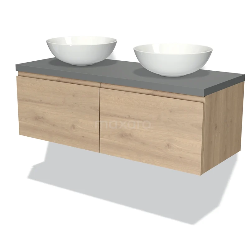 Badmöbel für Aufsatzwaschbecken 120cm Modulo Plato Hellbraune Eiche 2 Schubladen Grifflos Mittelgraue Platte BMK12-01292 Zwevende Eichen Badezimmermöbel mit grauer Waschtischplatte und zwei weißen Aufsatzwaschbecken, modernes Design.