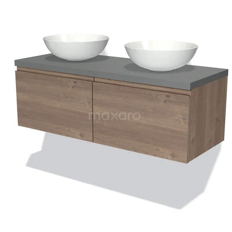 Badmöbel für Waschtischunterschrank mit Konsole 120cm Modulo Plato Mittelbraune Eiche 2 Schubladen Grifflos Mittelgrau Platte BMK12-01293 Holz-Badmöbel mit grauer Platte, ausgestattet mit zwei weißen Waschbecken; stilvoll und geeignet für moderne Bäder.