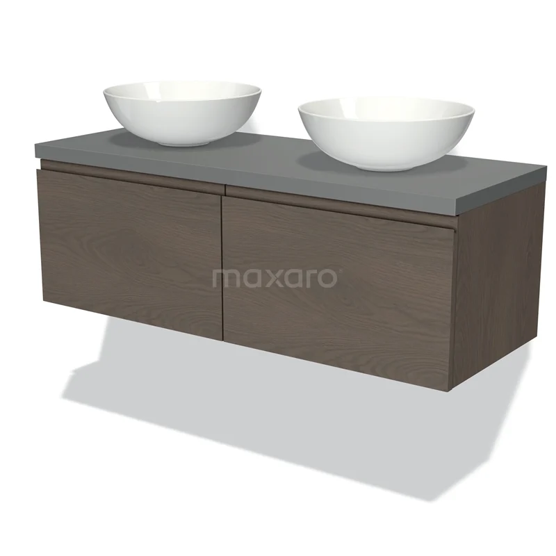 Badmöbel für Aufsatzwaschbecken 120cm Modulo Plato dunkelbraune Eiche 2 Schubladen grifflos Mittelgrau Platte BMK12-01294 Hölzernes Badezimmermöbel mit grauer Waschtischplatte und zwei weißen Aufsatzwaschbecken, modernes Wandmontage-Design.