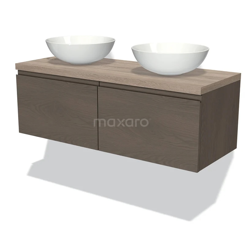 Wooden bathroom unit with two white ceramic countertop wash basins, floating design and modern look.
