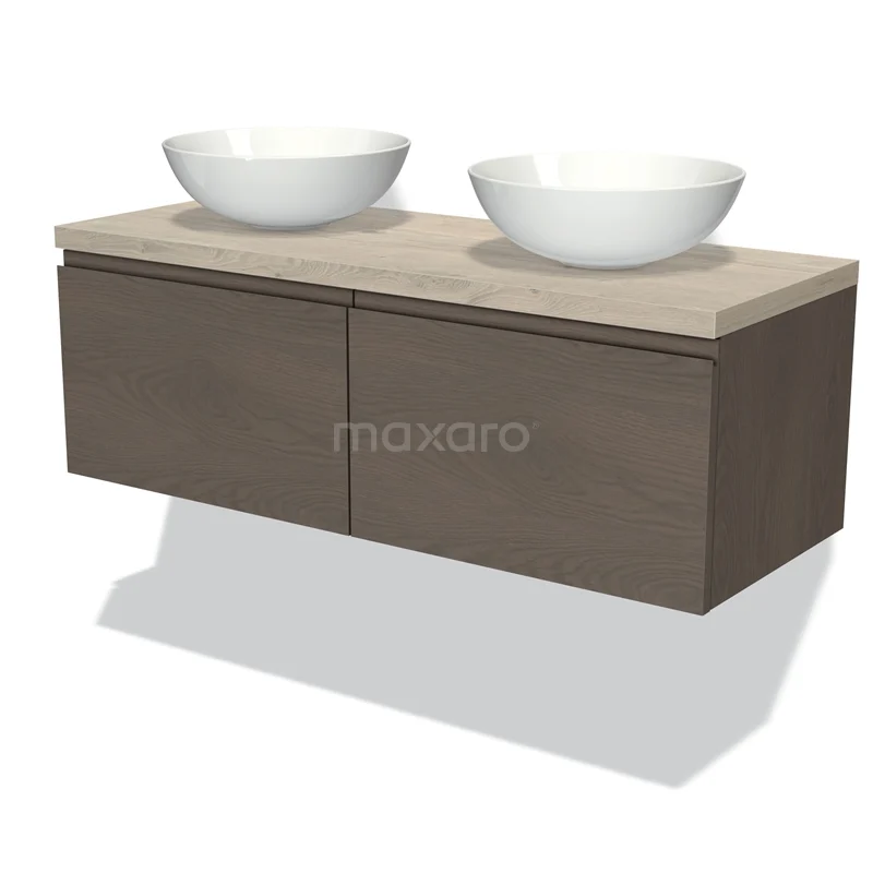 Wooden bathroom unit with two white round countertop wash basins, modern design and soft-close drawers. Perfect for a stylish bathroom.