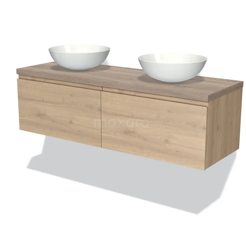 Modulo Plato Vanity units for countertop basin | 140 cm Light brown oak Handle-less front Oak worktop 2 Side-by-side drawers BMK12-01338
