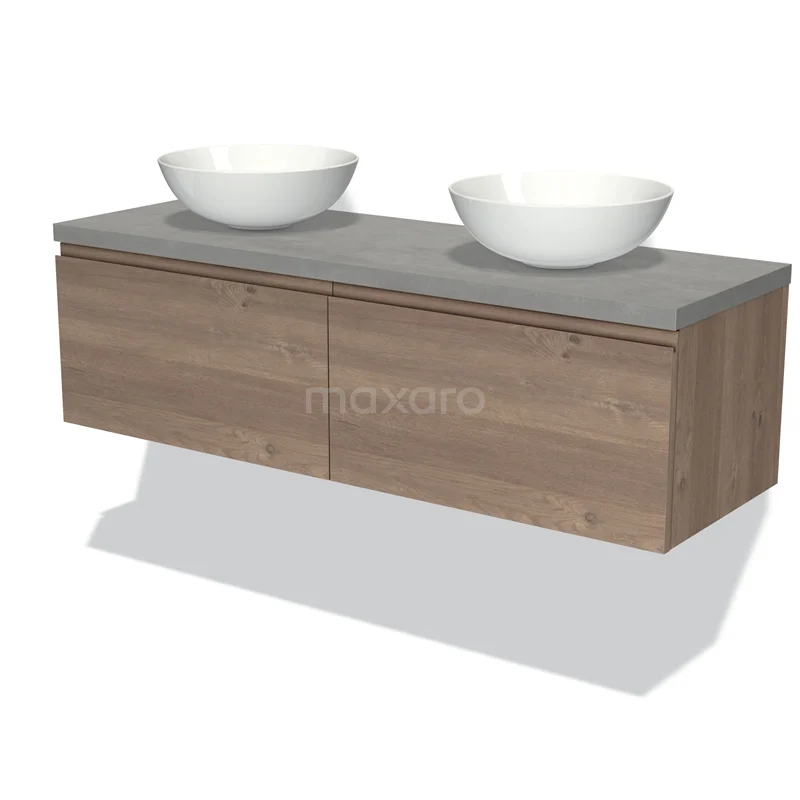 Modulo Plato Vanity units for countertop basin | 140 cm Mid brown oak Handle-less front Light grey concrete worktop 2 Side-by-side drawers BMK12-01357