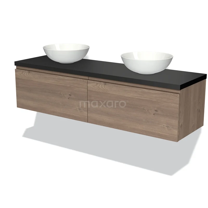 Modulo Plato Vanity units for countertop basin | 160 cm Mid brown oak Handle-less front Matte black worktop 2 Side-by-side drawers BMK12-01380