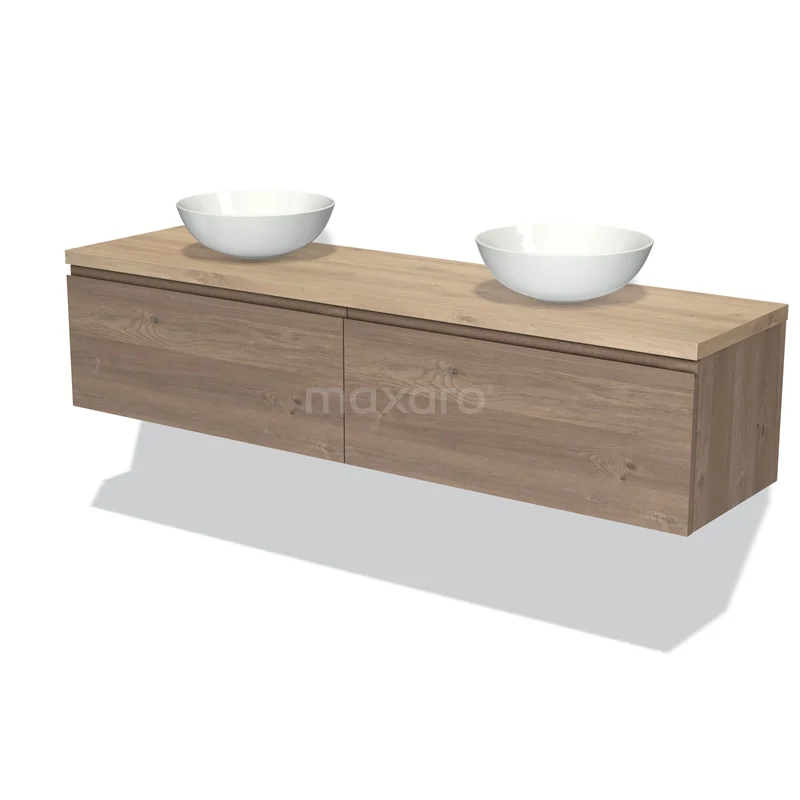 Wooden bathroom unit with two white basins, modern design and floating assembly, ideal for stylish bathrooms.