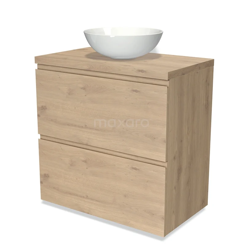 Badmöbel für Waschtischunterschrank mit Konsole 80cm Modulo Plato hellbraune Eiche 2 hohe Schubladen grifflos BMK13-00905 Holz-Badmöbel mit zwei Schubladen und weißem keramischen Waschbecken, ideal für moderne Badezimmergestaltung.