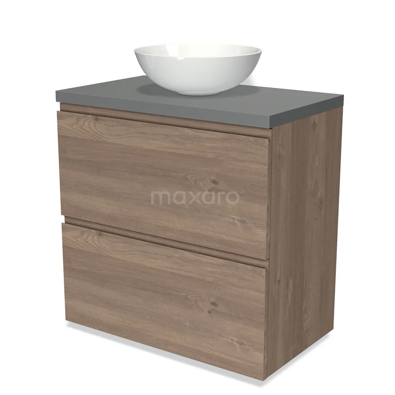 Modulo Plato Vanity units for countertop basin | 80 cm Mid brown oak Handle-less front Mid grey worktop 2 stacked drawers under each other BMK13-00912