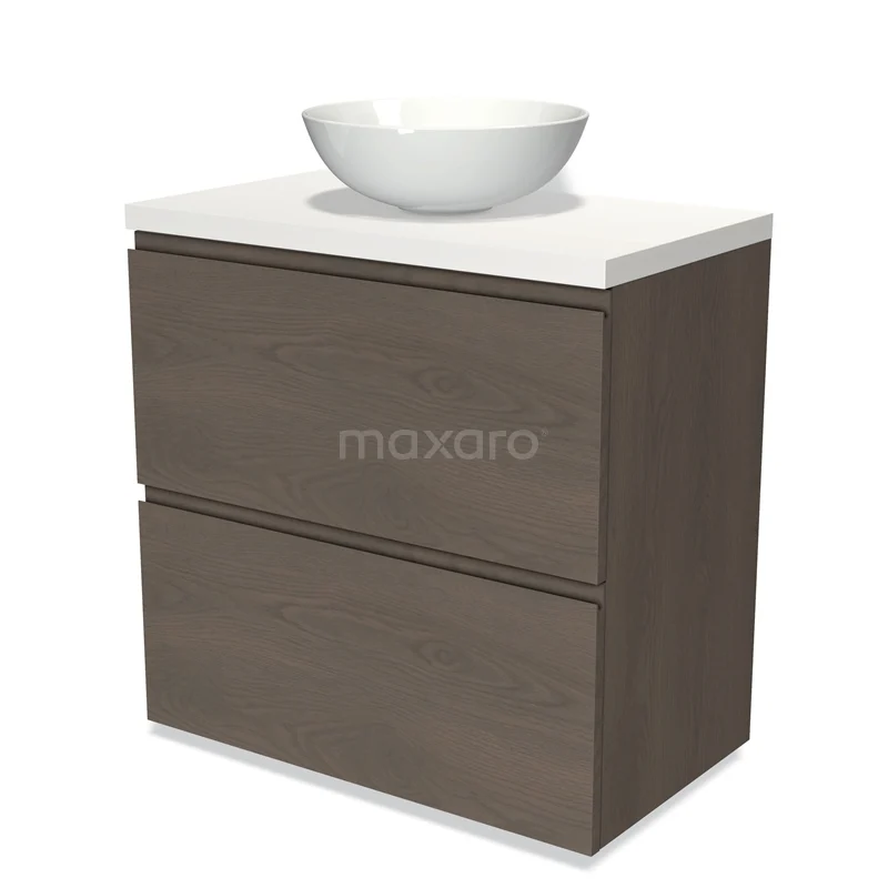 Wooden bathroom unit with white countertop wash basin, modern design, including two drawers, ideal for stylish bathroom storage.