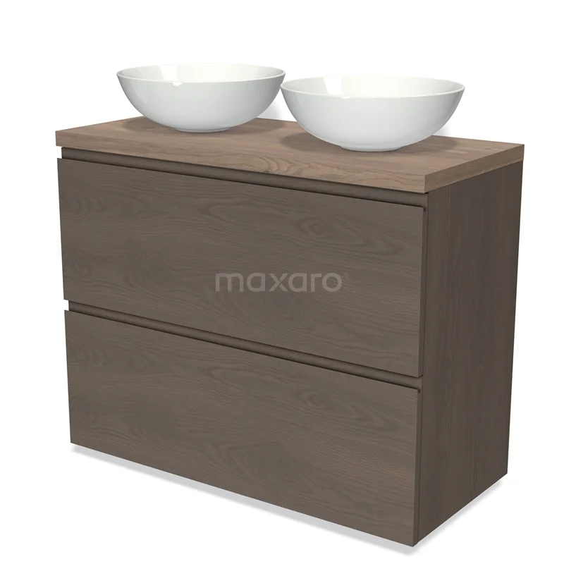 Modulo Plato Vanity units for countertop basin | 100 cm Dark brown oak Handle-less front Mid brown oak worktop 2 stacked drawers under each other BMK13-00976