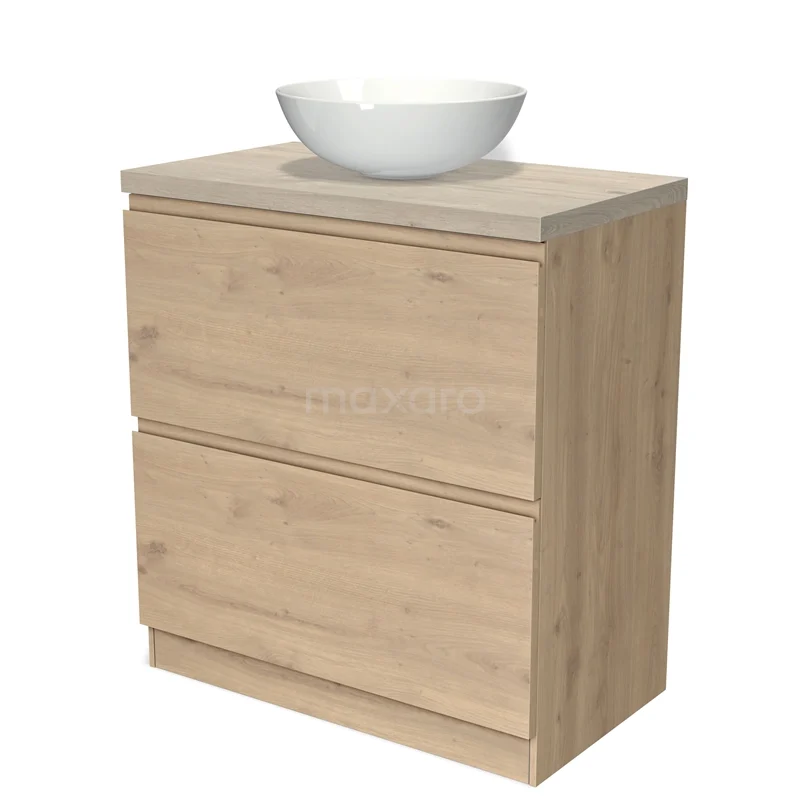 Houten badkamermeubel met beige wastafel, twee lades en strak design; ideaal voor een moderne badkamer inrichting.