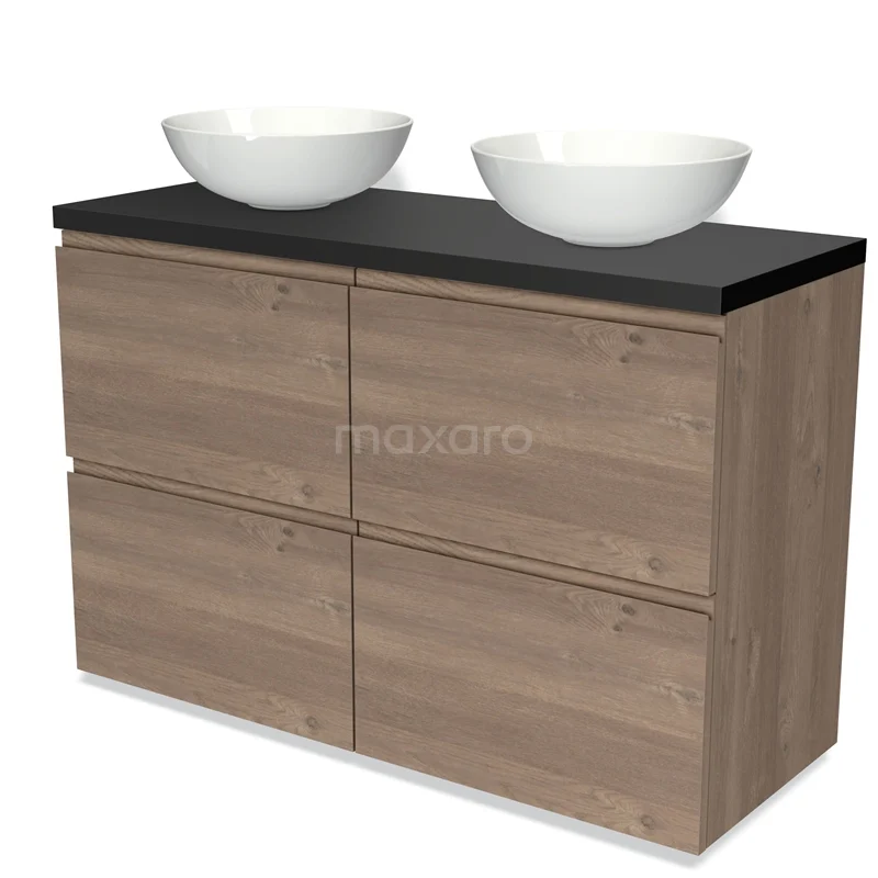 Houten badkamermeubel met dubbele waskommen, zwarte bovenblad en vier lades, ideaal voor een moderne badkamerinrichting.