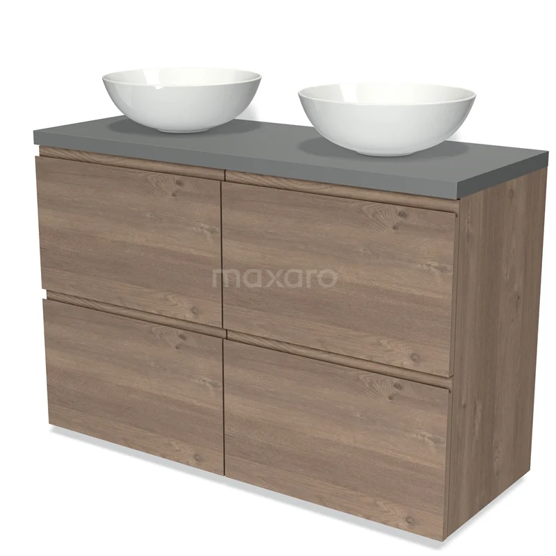 Houten badkamermeubel met grijze stenen wastafelblad en dubbele ronde waskommen, modern en functioneel ontwerp.