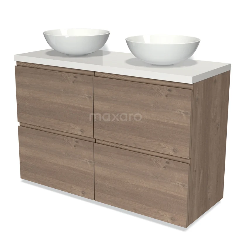 Badkamermeubel houtlook met dubbel wasbakontwerp, wit keramiek en vier lades voor praktische opbergruimte.