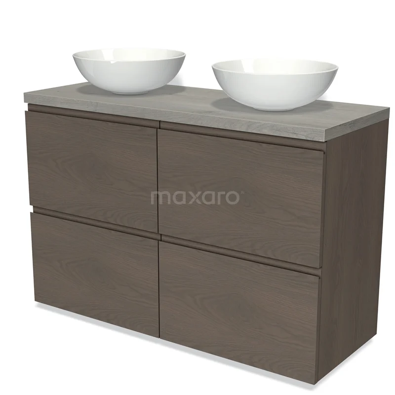 Modulo Plato Vanity units for countertop basin | 120 cm Dark brown oak Handle-less front Grey oak worktop 4 high drawers BMK14-00712