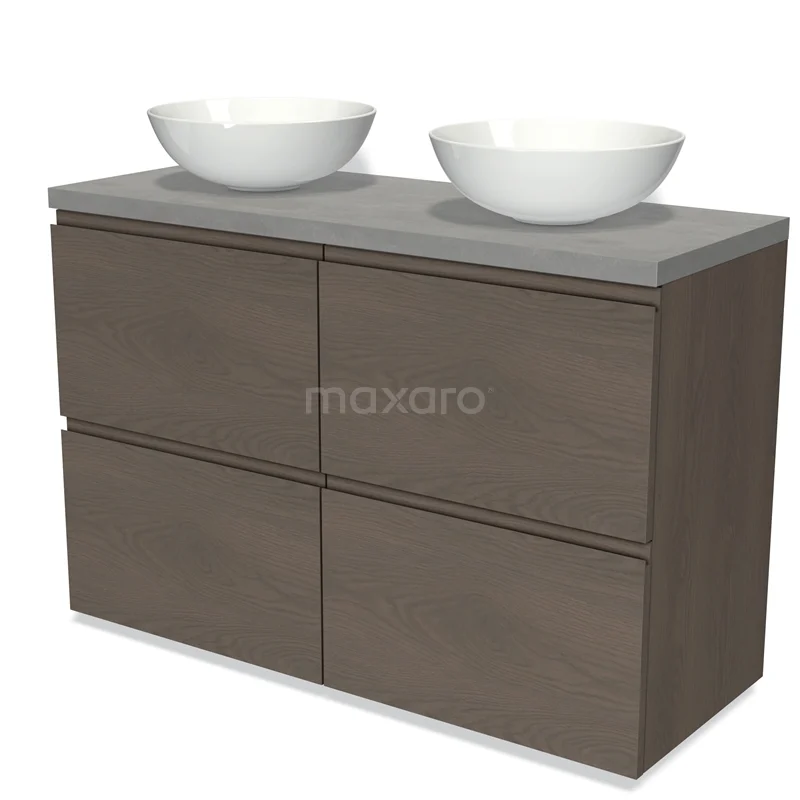 Modulo Plato Vanity units for countertop basin | 120 cm Dark brown oak Handle-less front Light grey concrete worktop 4 high drawers BMK14-00713