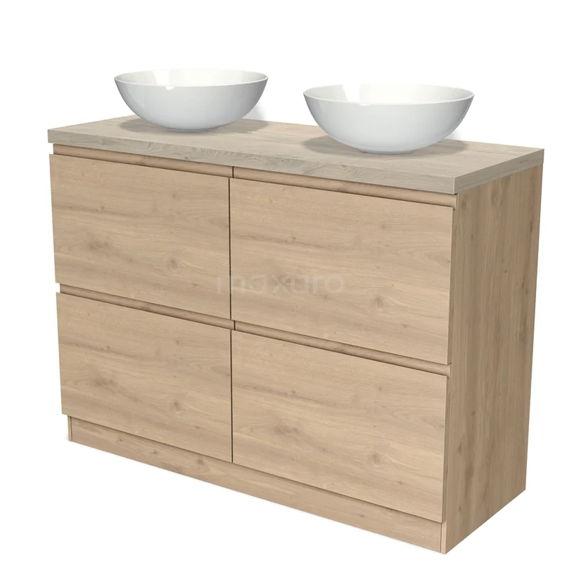 Badmöbel für Aufsatzwaschbecken 120cm Modulo Plato hellbraune Eiche 4 hohe Schubladen stehende Schubladen grifflose hellgraue Eiche Platte BMK14S-00120 Eichen Badezimmermöbel mit Doppelwaschbecken, modernes Design, vier Schubladen, perfekt für stilvolle Badezimmerlagerung.