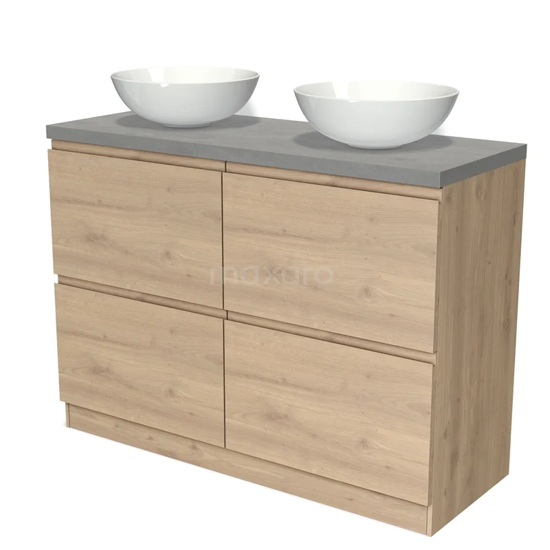 Houten badkamermeubel met vier lades, grijs blad en twee witte keramische waskommen, modern ontwerp.