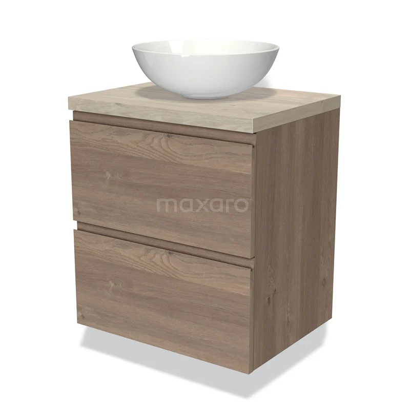 Houten badkamermeubel met twee lades en een moderne witte waskom bovenop, perfect voor een stijlvolle badkamer inrichting.