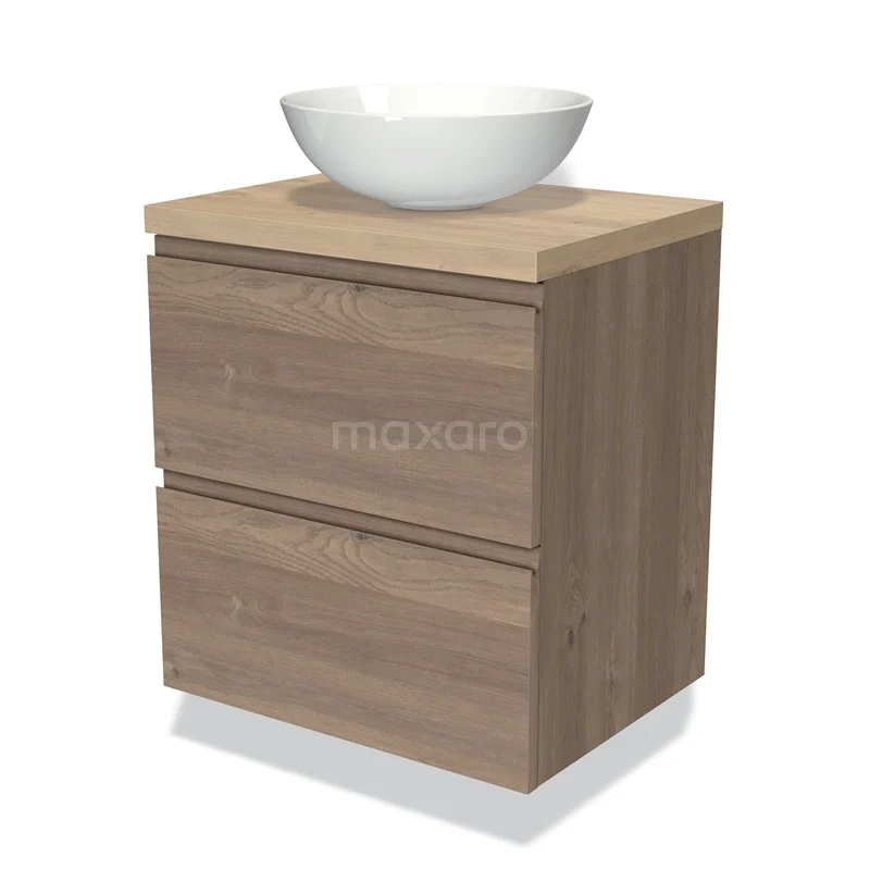 Houten badkamermeubel met wastafel, licht eiken, 2 lades, compact design en modern geschikt voor kleine badkamers.