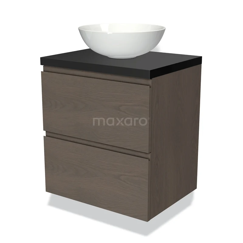 Badmöbel für Waschtischunterschrank mit Konsole 60cm Modulo Plato dunkelbraune Eiche 2 Schubladen grifflos Matt Schwarz Platte BMK17-01833 Hölzernes Badezimmermöbel mit dunkler Platte und weißem, rundem Aufsatzwaschbecken; modernes Design, ideal für stilvolle Badezimmergestaltungen.