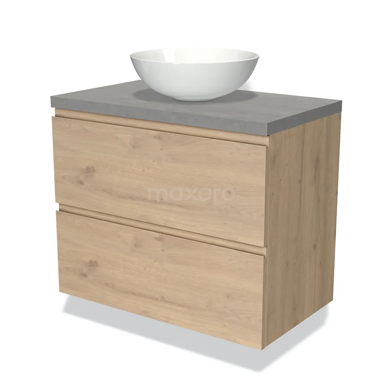 Houten badkamermeubel met grijs blad, witte ronde waskom en twee lades, ideaal voor een moderne badkamer inrichting.