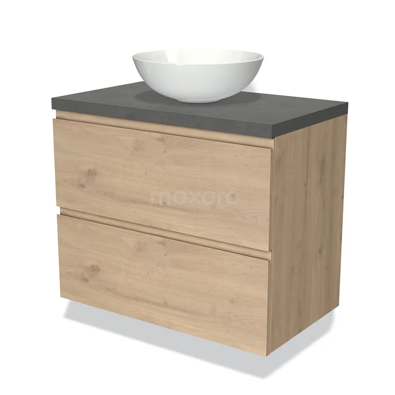 Houten badkamermeubel met twee lades, grijs blad en witte ronde waskom, modern design voor stijlvolle badkamers.