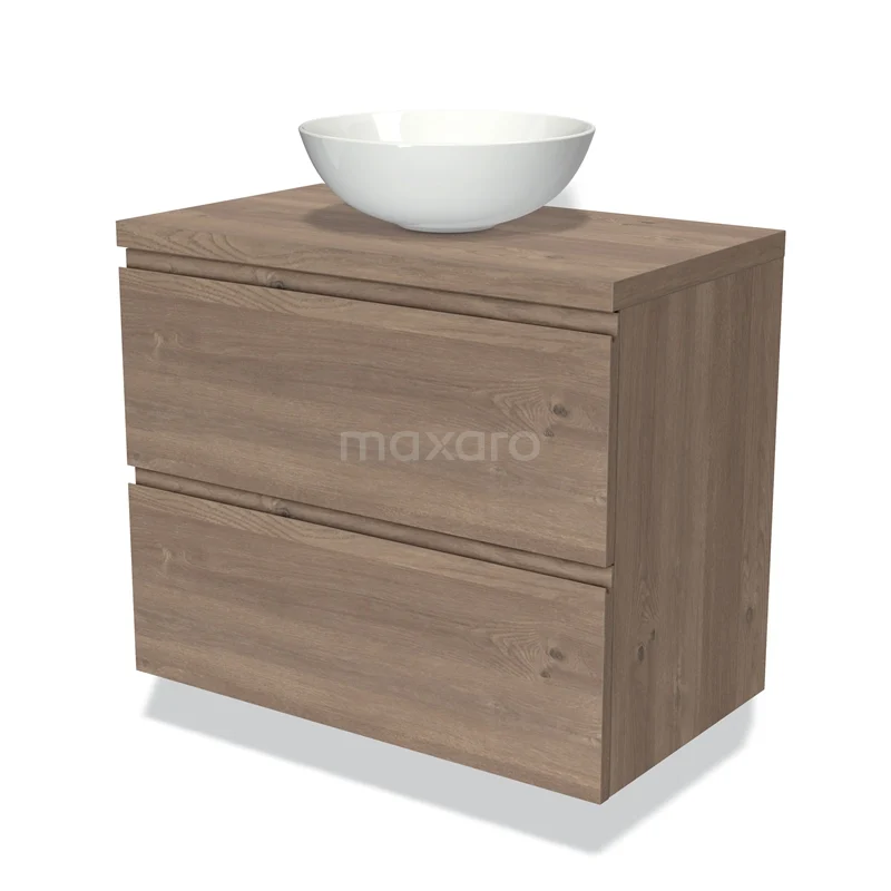 Modulo Plato Vanity units for countertop basin | 80 cm Mid brown oak Handle-less front Mid brown oak worktop 2 Stacked drawers BMK17-01870