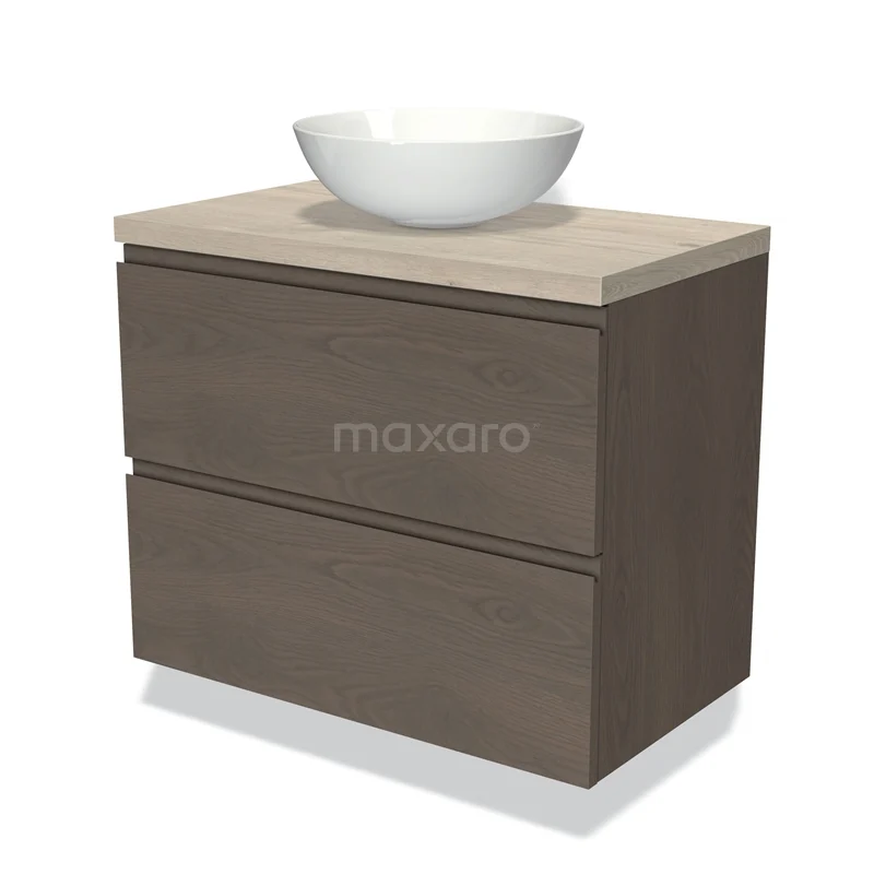 Houten badkamermeubel met twee lades, beige blad en witte komvormige wastafel, modern design.