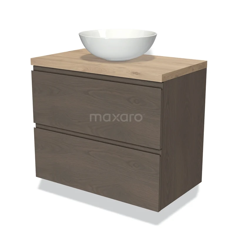 Modulo Plato Vanity units for countertop basin | 80 cm Dark brown oak Handle-less front Light brown oak worktop 2 Stacked drawers BMK17-01883