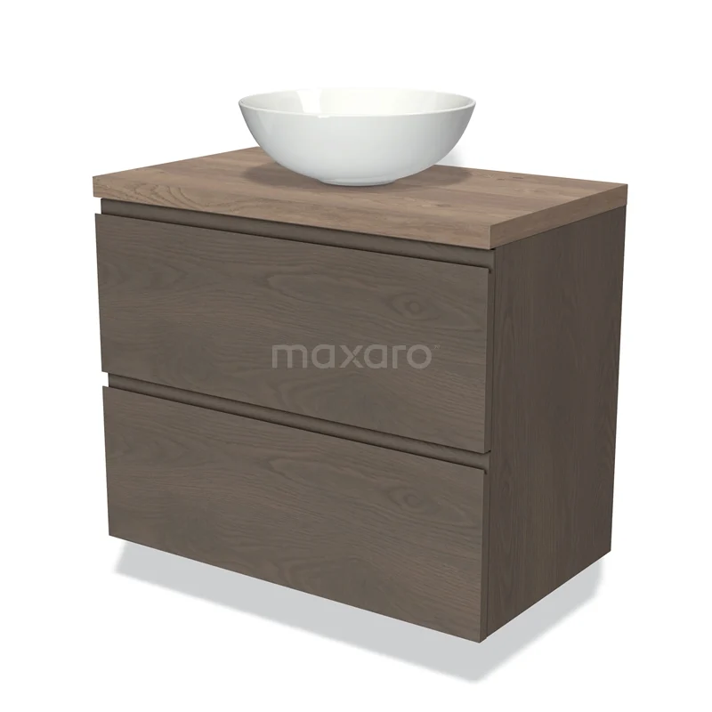 Modulo Plato Vanity units for countertop basin | 80 cm Dark brown oak Handle-less front Mid brown oak worktop 2 Stacked drawers BMK17-01884
