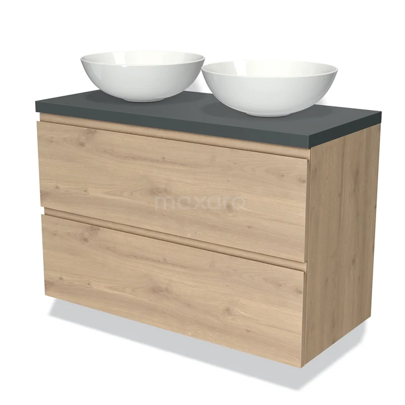Houten badkamermeubel met dubbele witte keramische waskommen en antracieten blad, strak design, perfect voor moderne badkamers.